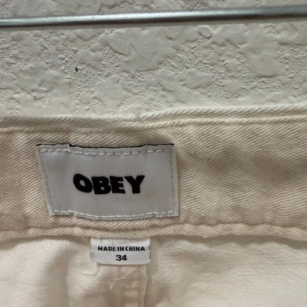 Obey Mens Carpenter Pants Off White Cream Cotton Canvas Workwear Size 34
